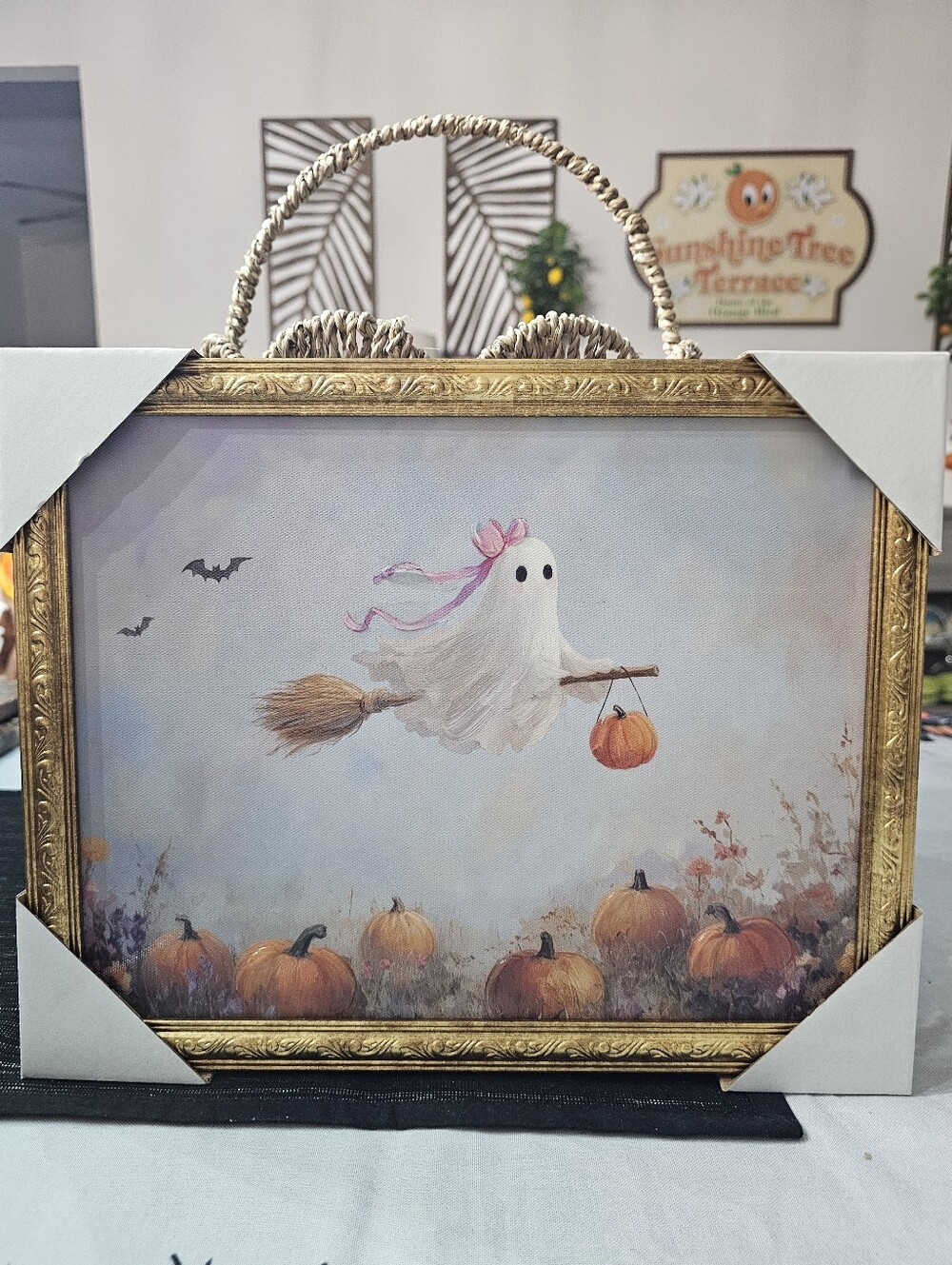 New! Halloween Pink Bow Ghost Riding Broom Framed Canvas Wall Art 11"x14"